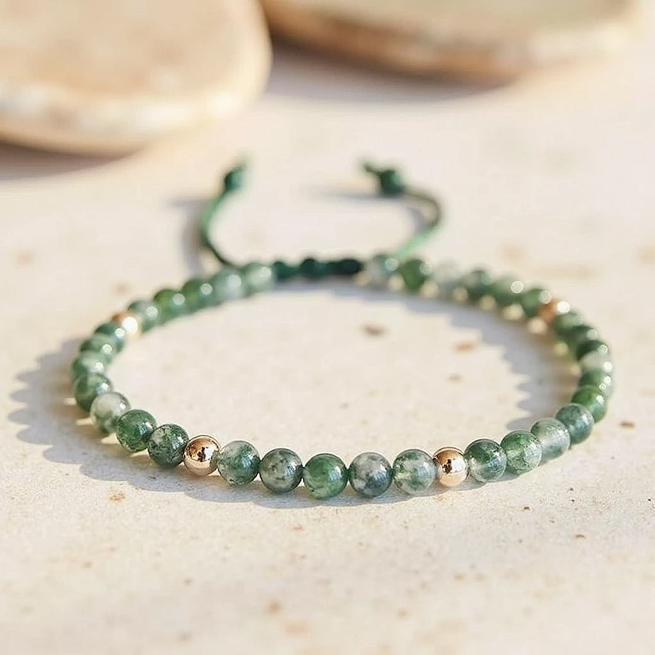 Adjustable Moss Agate Serenity Bracelet with green and gold flecks - KARMAKIND