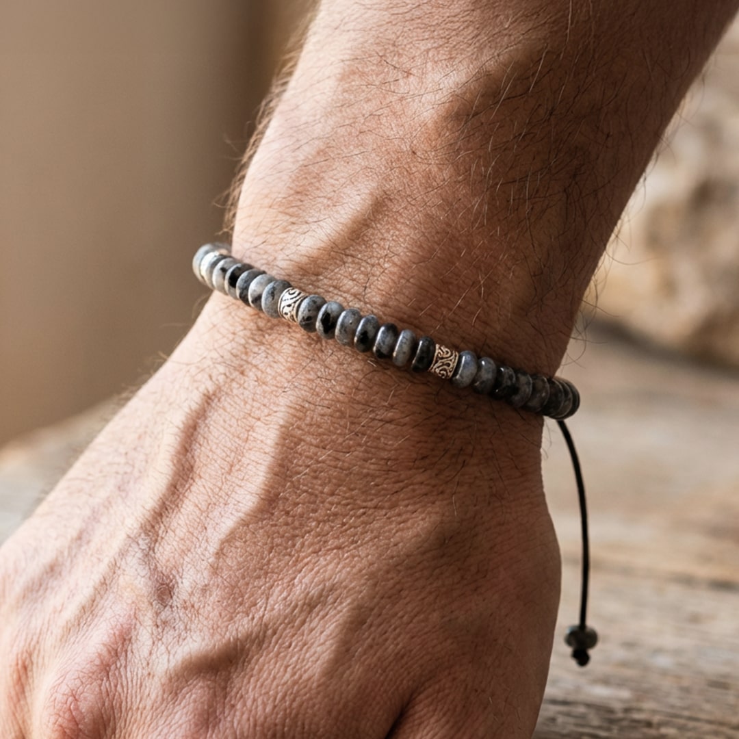 Close-up of "Inner Strength" Larvikite Bracelet beads - KARMAKIND