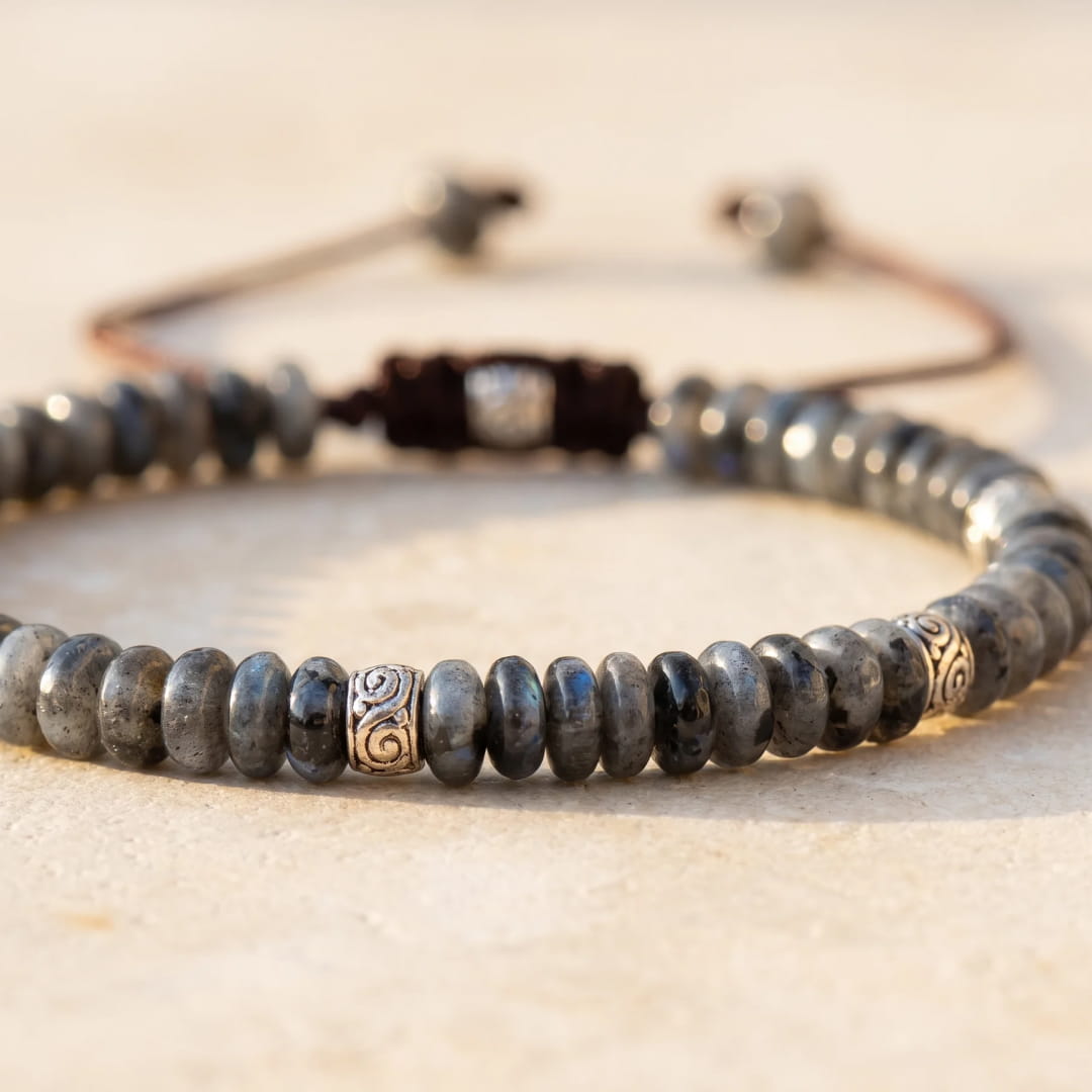 Model wearing "Inner Strength" Larvikite Bracelet - KARMAKIND