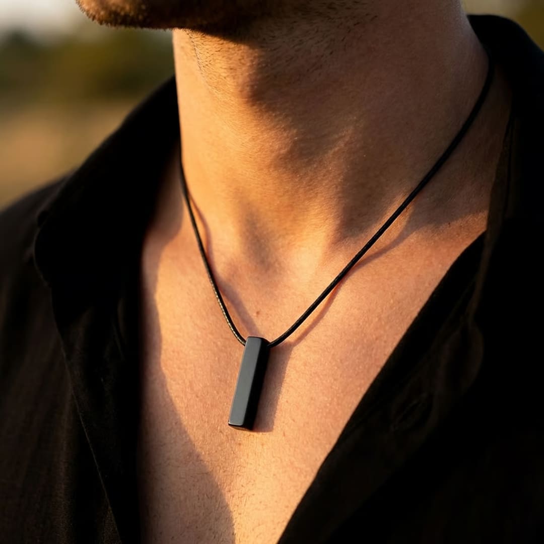 Close-up of the Black Obsidian Protection Wand Pendant - KARMAKIND