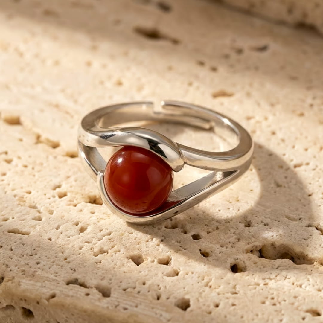 Adjustable Red Agate Ring with Silver Setting - KARMAKIND