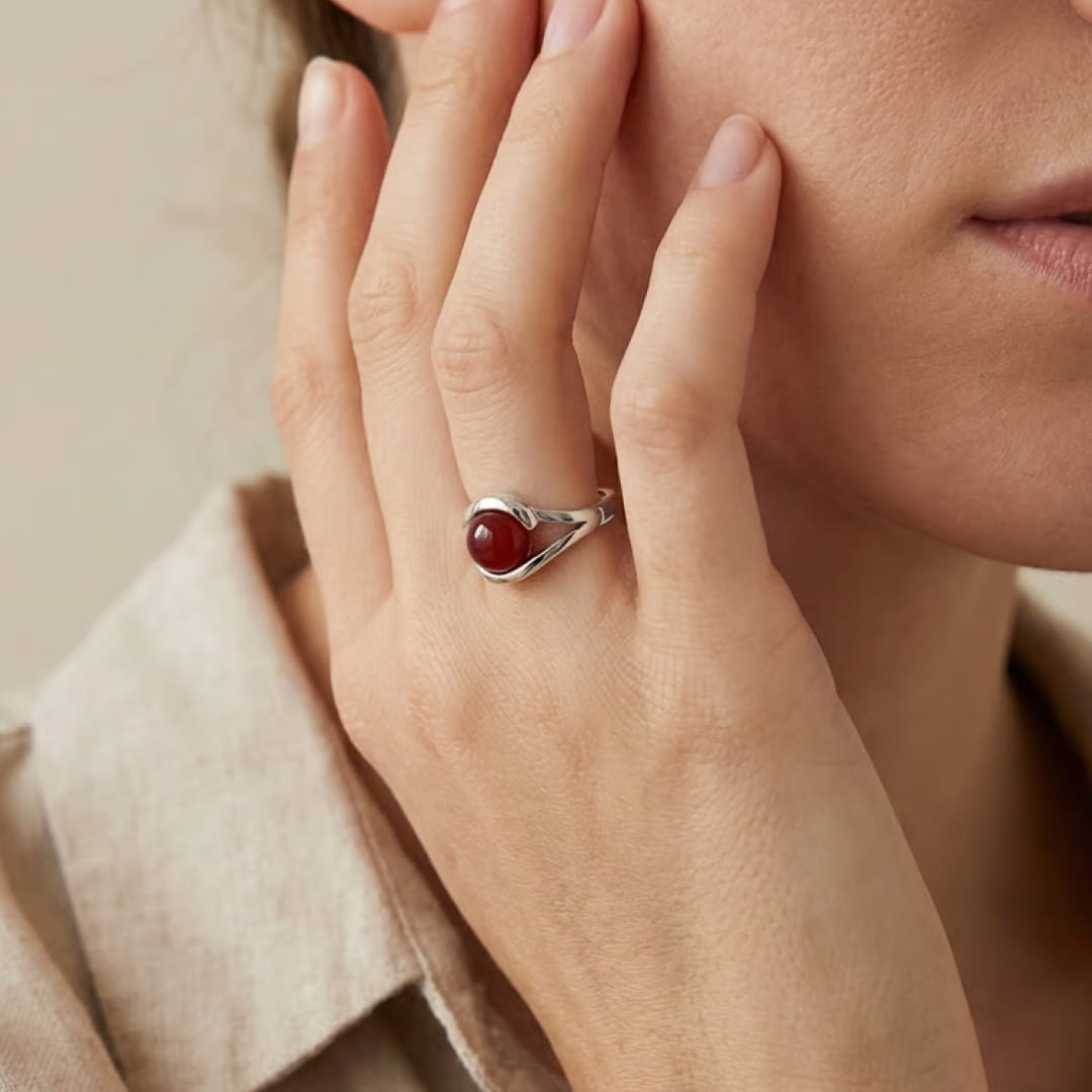 Close-up of the red agate stone on the adjustable ring - KARMAKIND