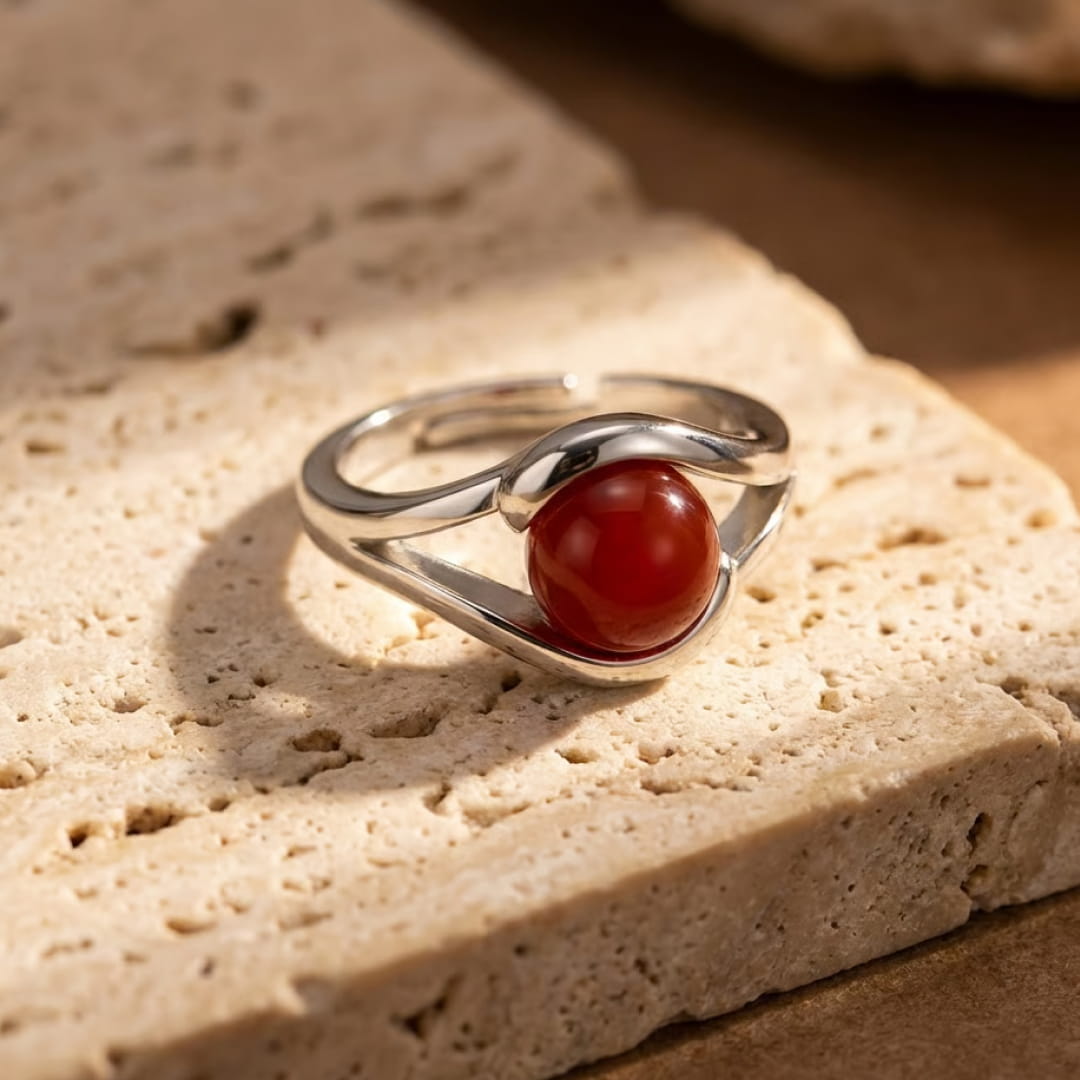 Side view of the Red Agate Ring showing the silver band - KARMAKIND