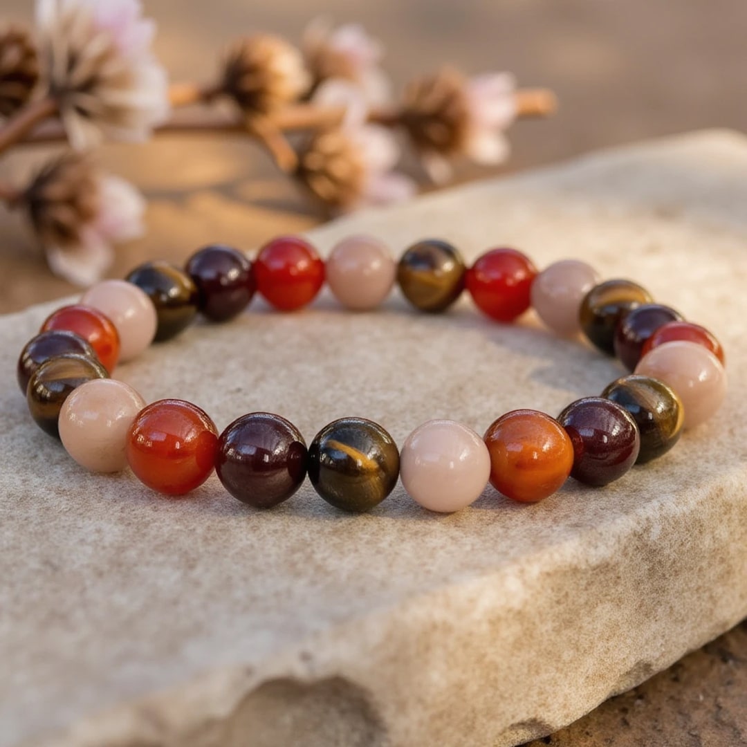 Bracelet with Tiger's Eye, Sunstone, Carnelian, and Garnet - KARMAKIND
