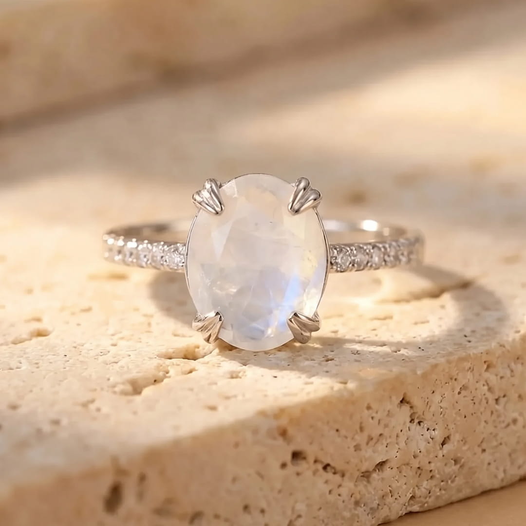 Kirana adjustable moonstone and silver ring on a hand - KARMAKIND