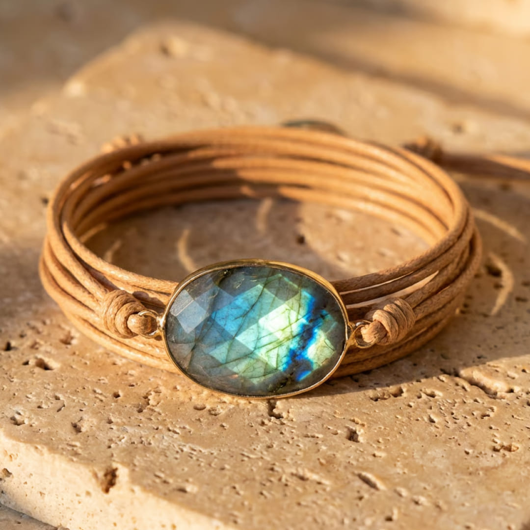 Labradorite Lumiere Multi-Wrap Bracelet with blue and golden reflections - KARMAKIND