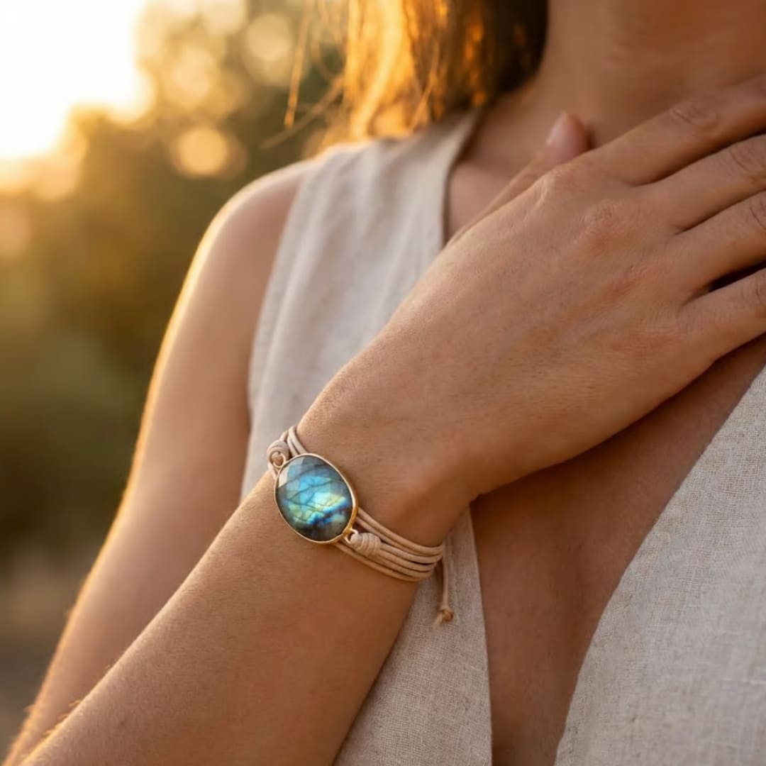 Close-up of Labradorite gemstone with shifting colors on multi-wrap bracelet - KARMAKIND