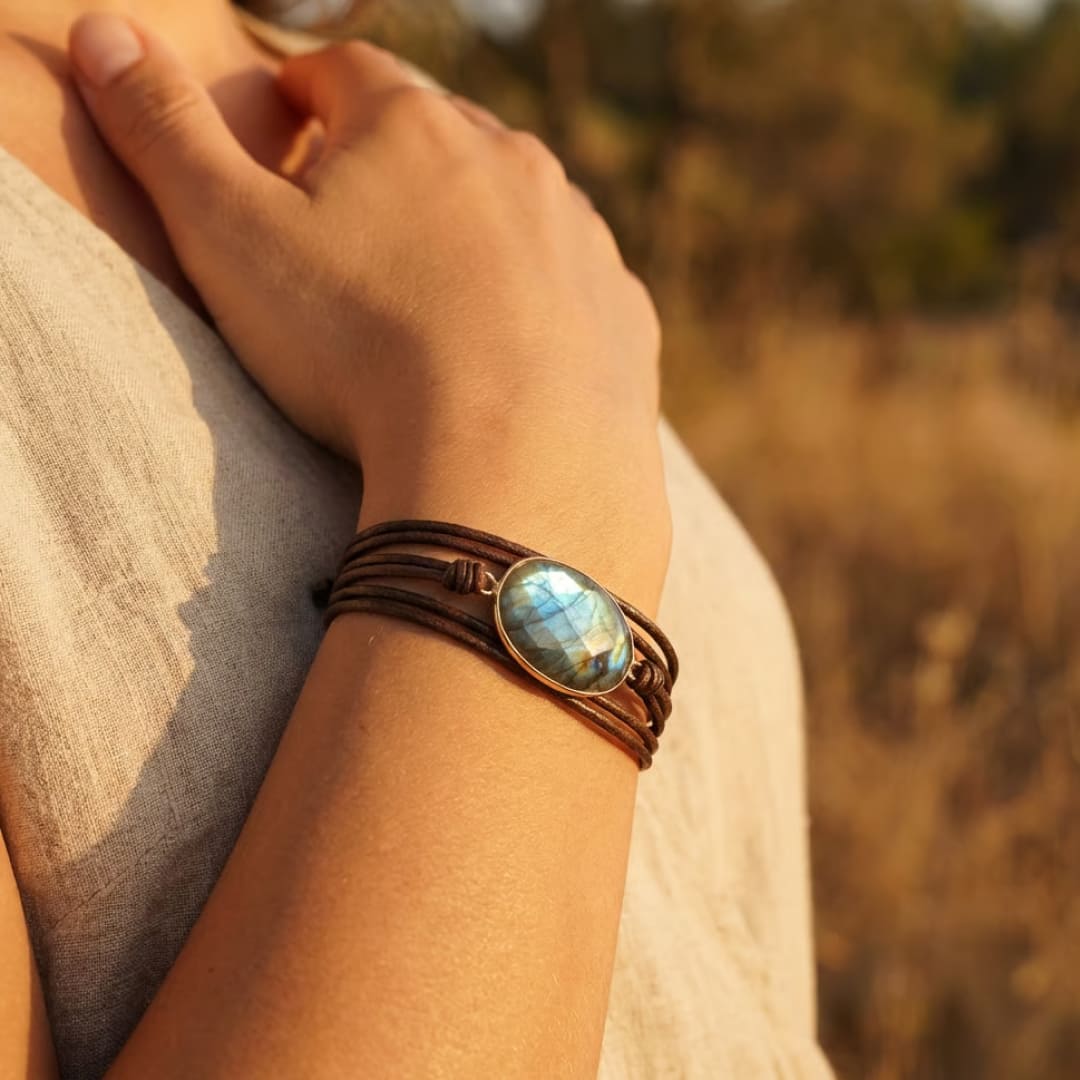 Hand wearing the Lumiere Labradorite multi-wrap bracelet - KARMAKIND