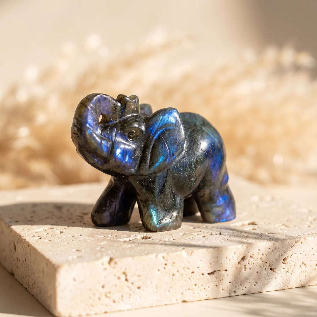 Close-up of the Labradorite elephant showing iridescent flashes - KARMAKIND