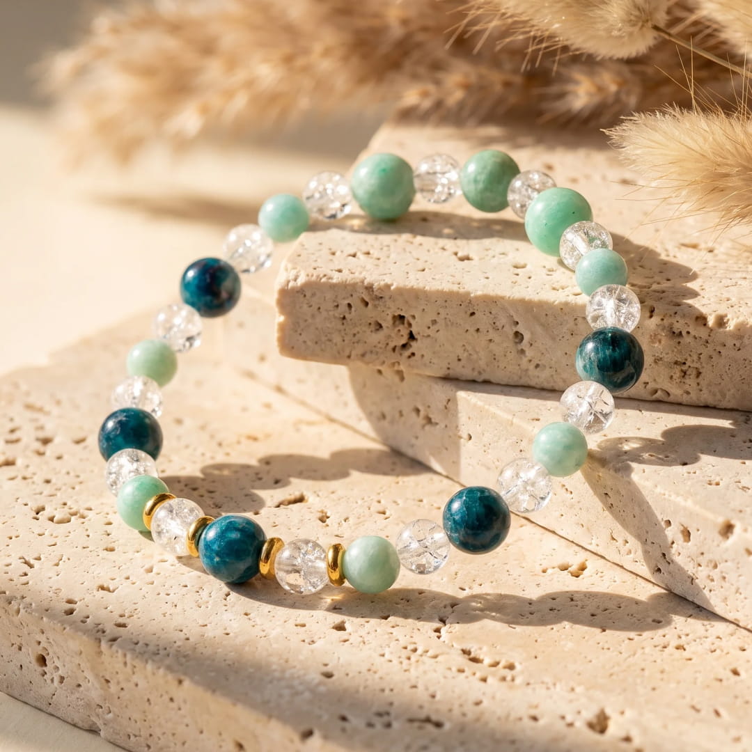 Lagoon Dream Bracelet in Amazonite, Apatite & Cracked Rock Crystal - KARMAKIND