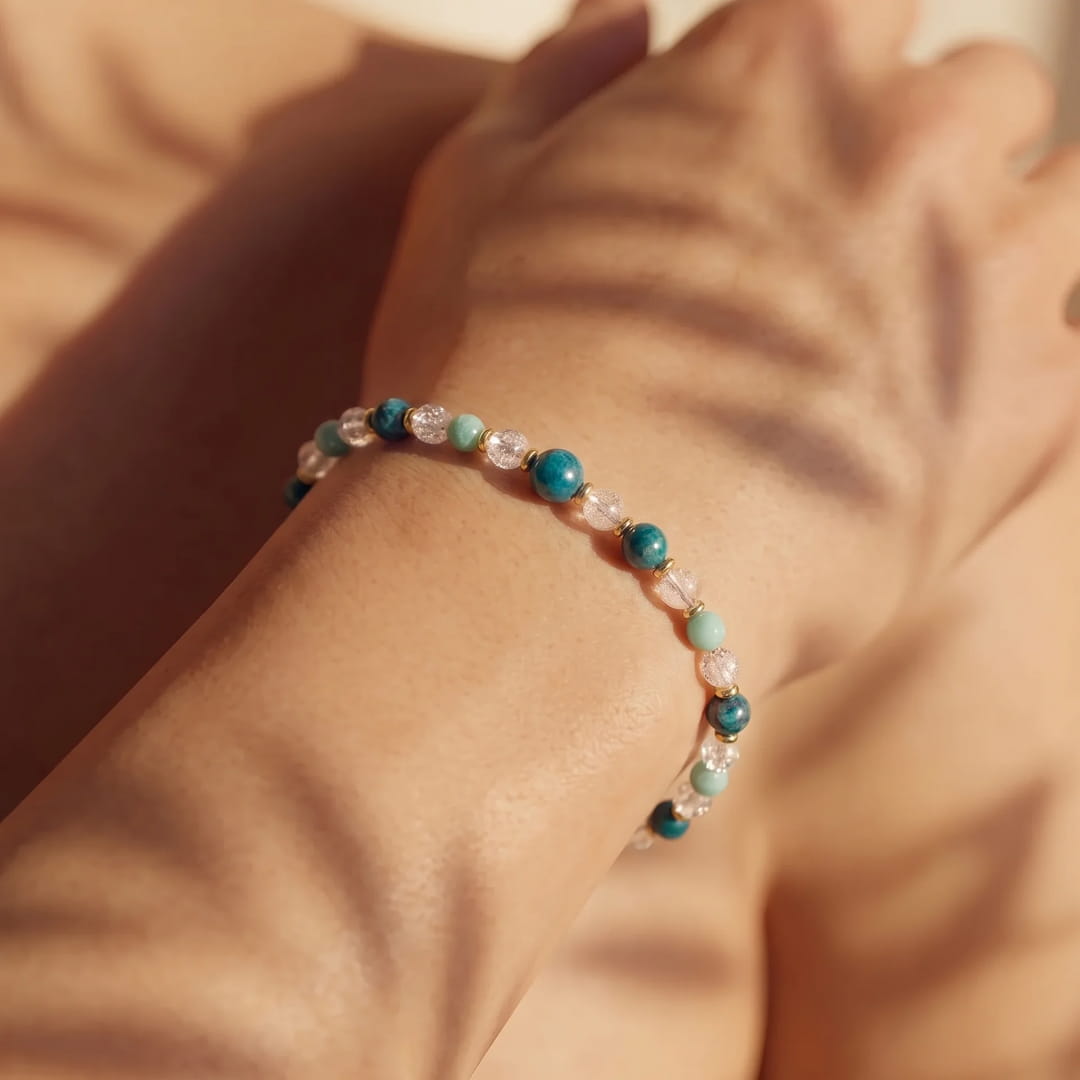 Close-up of the "Lagoon Dream" Bracelet showing Amazonite beads - KARMAKIND