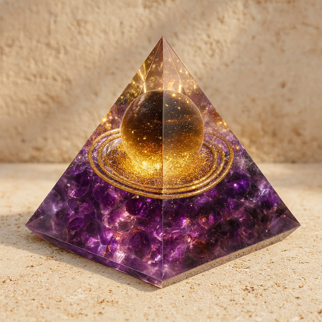 Letting Go Orgonite Pyramid with Amethyst and Smoky Quartz and a dark sphere - KARMAKIND
