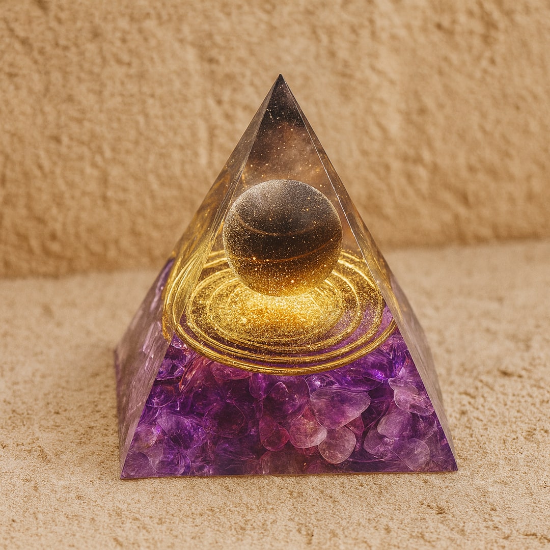 Close-up of the Amethyst shards sparkling within the Orgonite pyramid - KARMAKIND