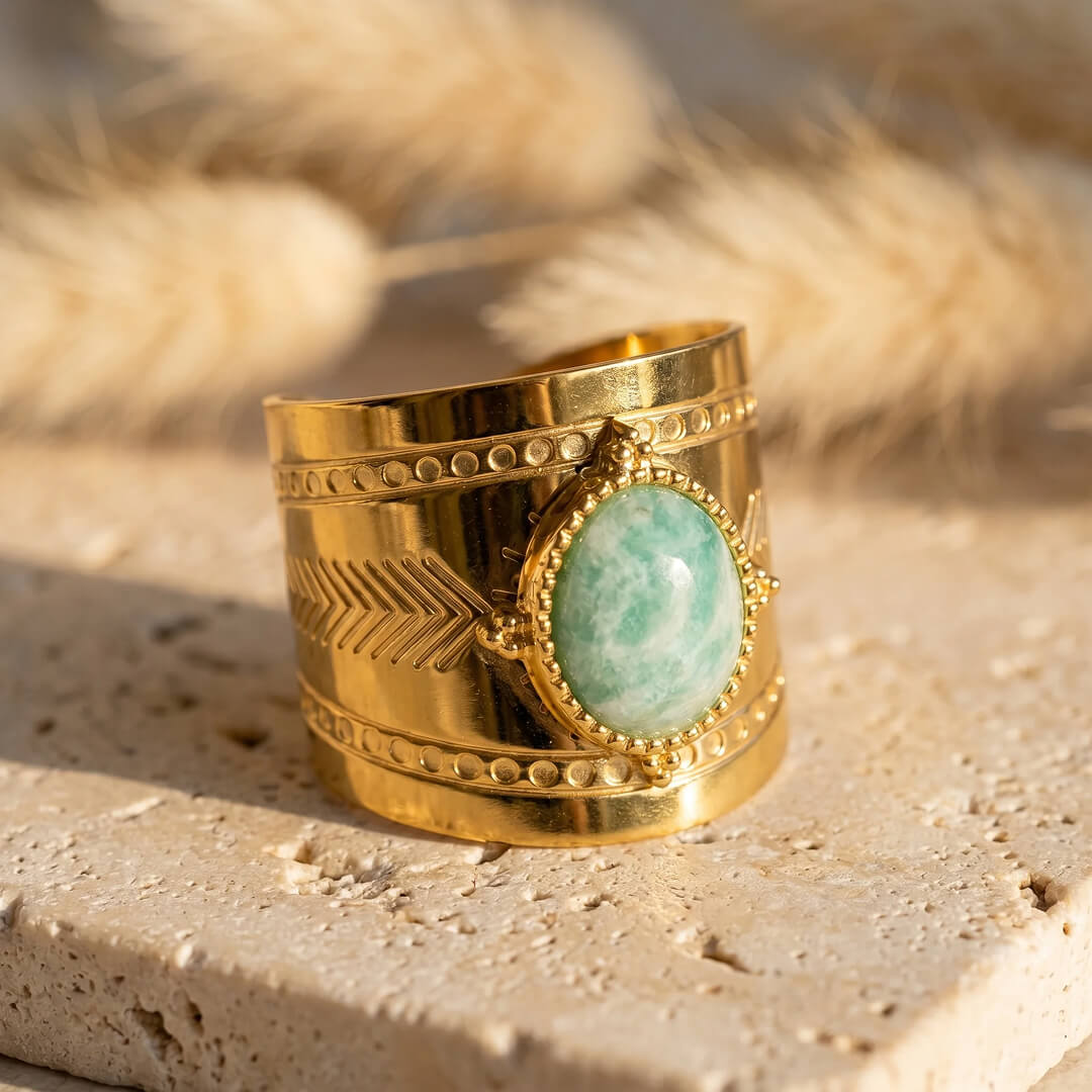 Lifestyle shot of the "Light Heart" Amazonite Ring on a hand - KARMAKIND