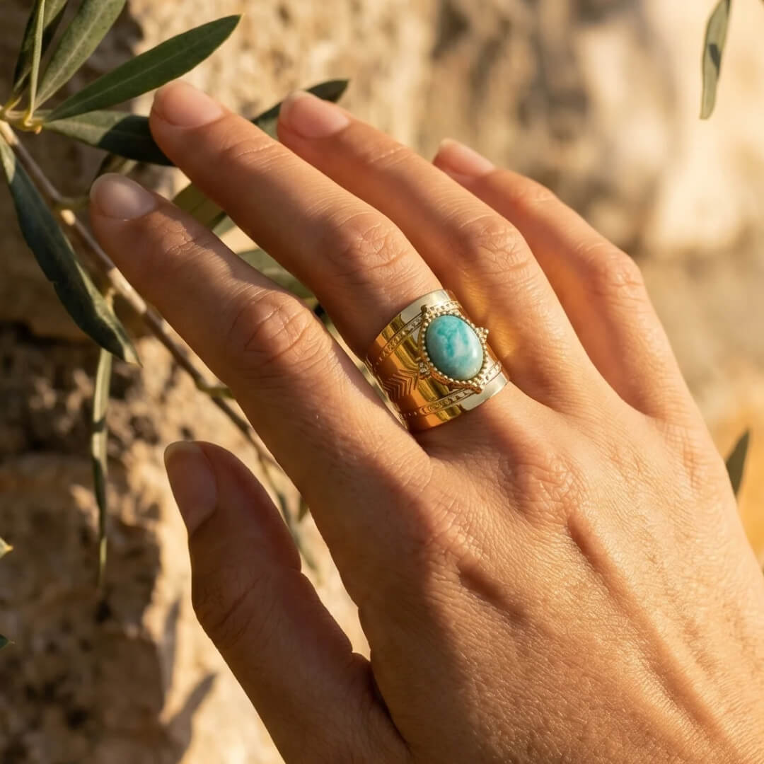 Amazonite gemstone detail on the "Light Heart" Ring - KARMAKIND