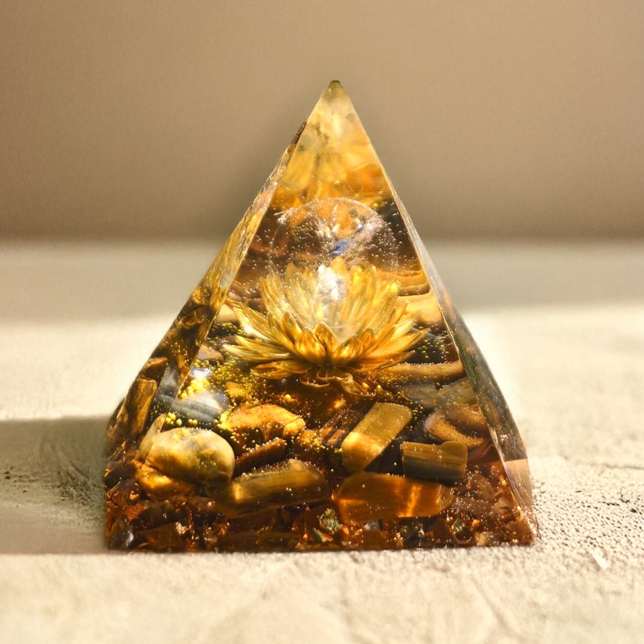 Lotus Orgonite pyramid with Tiger's Eye and Citrine