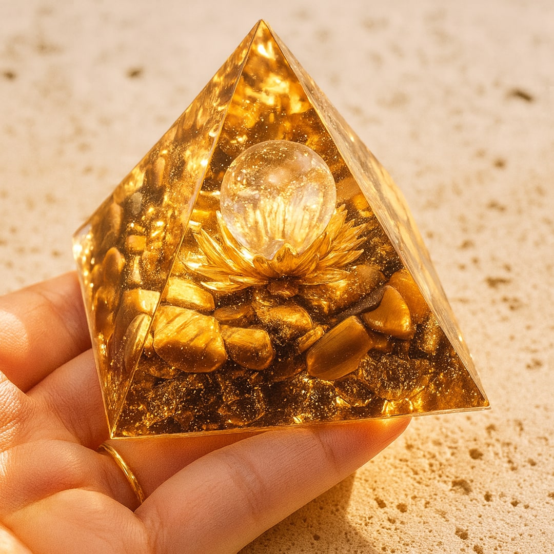 Close-up of the lotus flower design within the orgonite