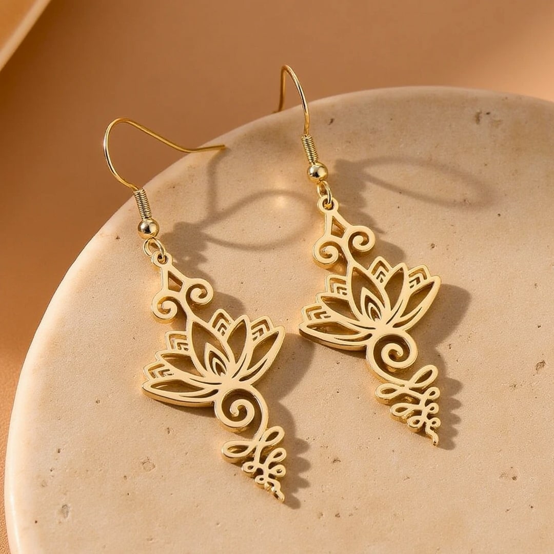 Close-up of Lotus Unalome earrings detail - KARMAKIND