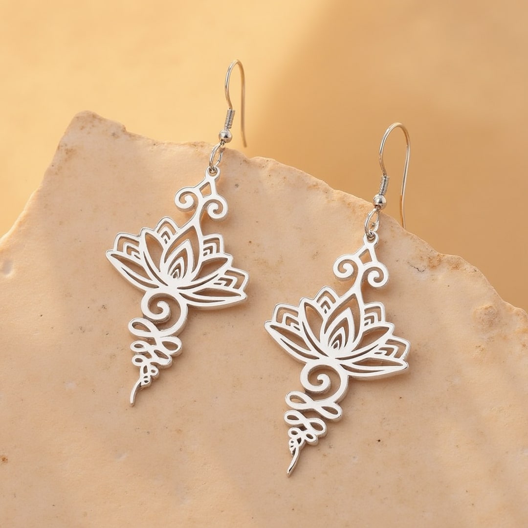 Lotus Unalome earrings worn on ear - KARMAKIND