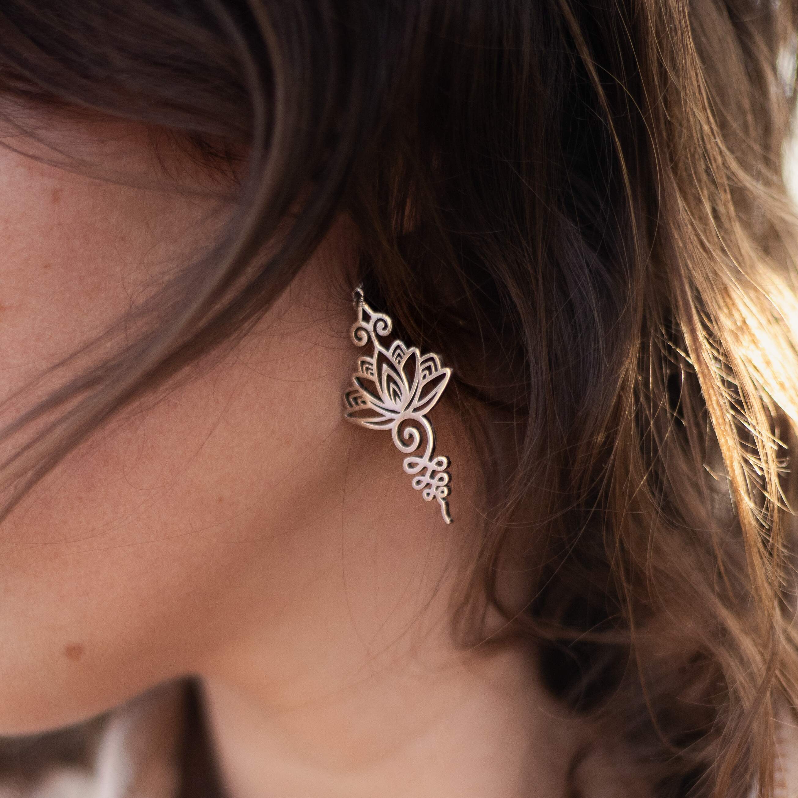 Symbolic Lotus Unalome earrings for meditation - KARMAKIND
