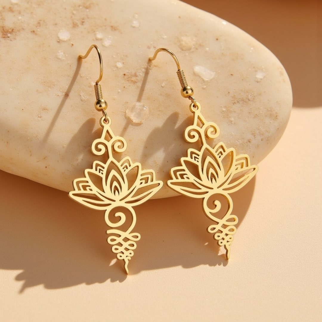 Handcrafted Lotus Unalome earrings with intricate design - KARMAKIND