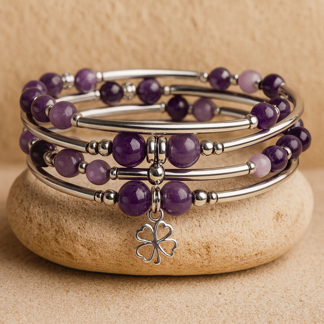 Multi-wrap natural stone bracelet with clover charm - KARMAKIND