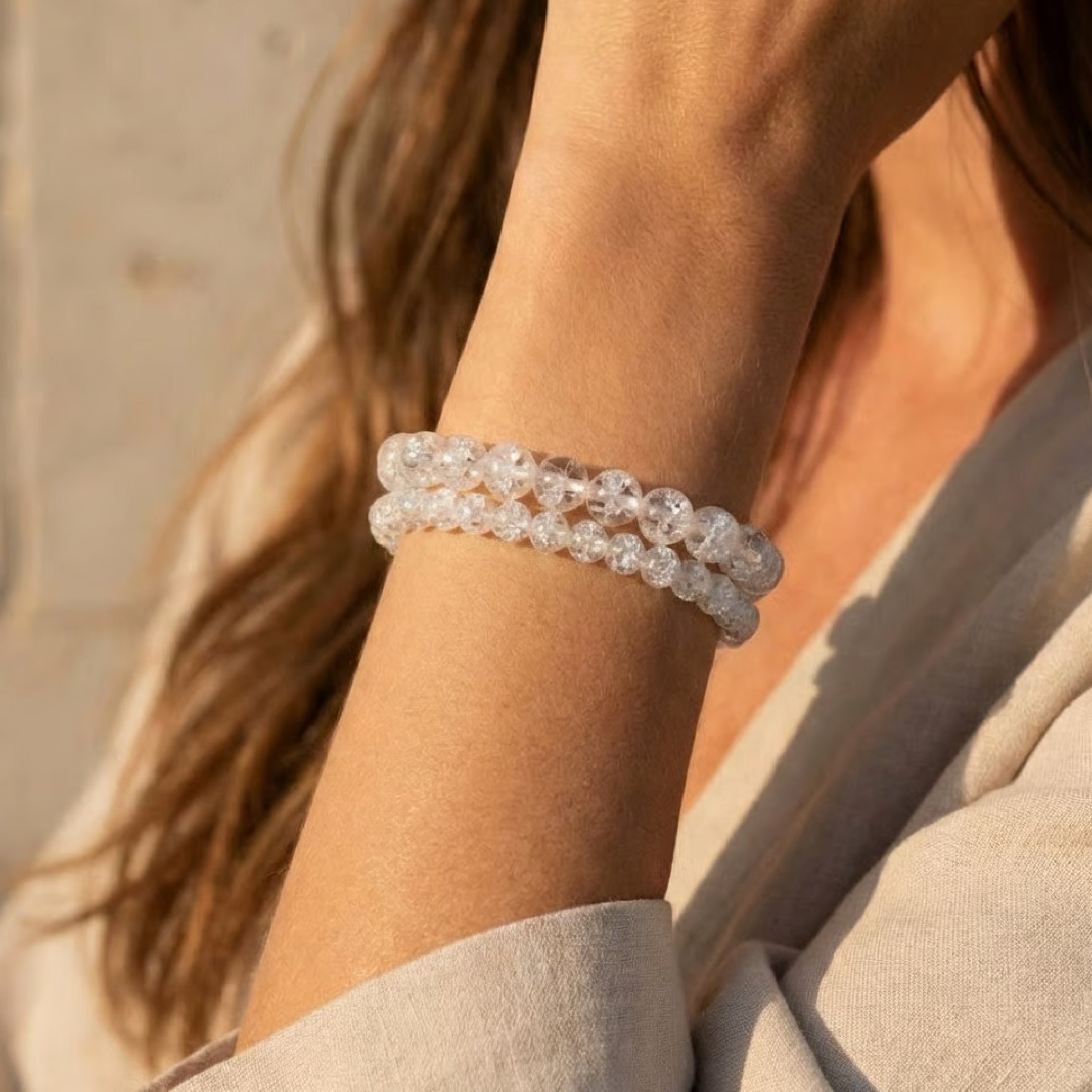 Detail of a cracked crystal bead on bracelet - KARMAKIND