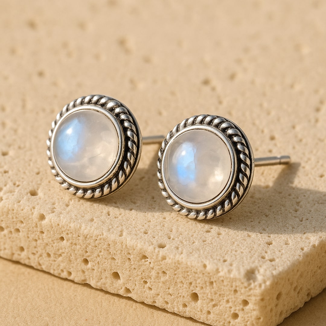 White Labradorite Button Earrings with silver setting - KARMAKIND