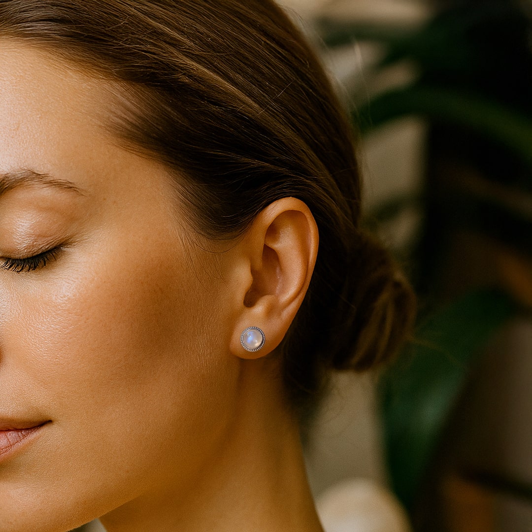 Close-up of White Labradorite Button Earrings showing blue reflections - KARMAKIND