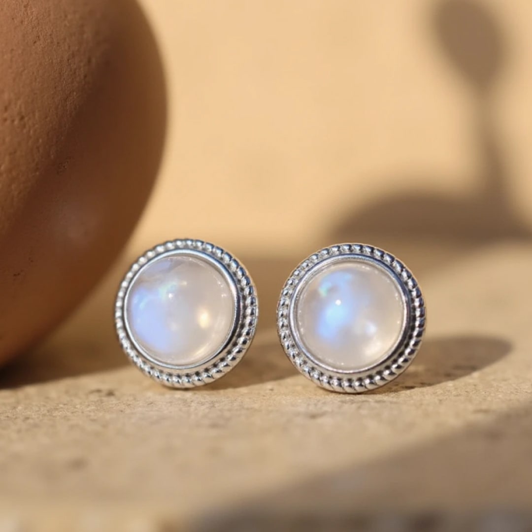 White Labradorite Button Earrings styled on a model - KARMAKIND
