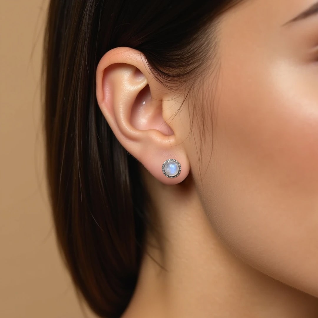 Pair of White Labradorite Button Earrings - KARMAKIND