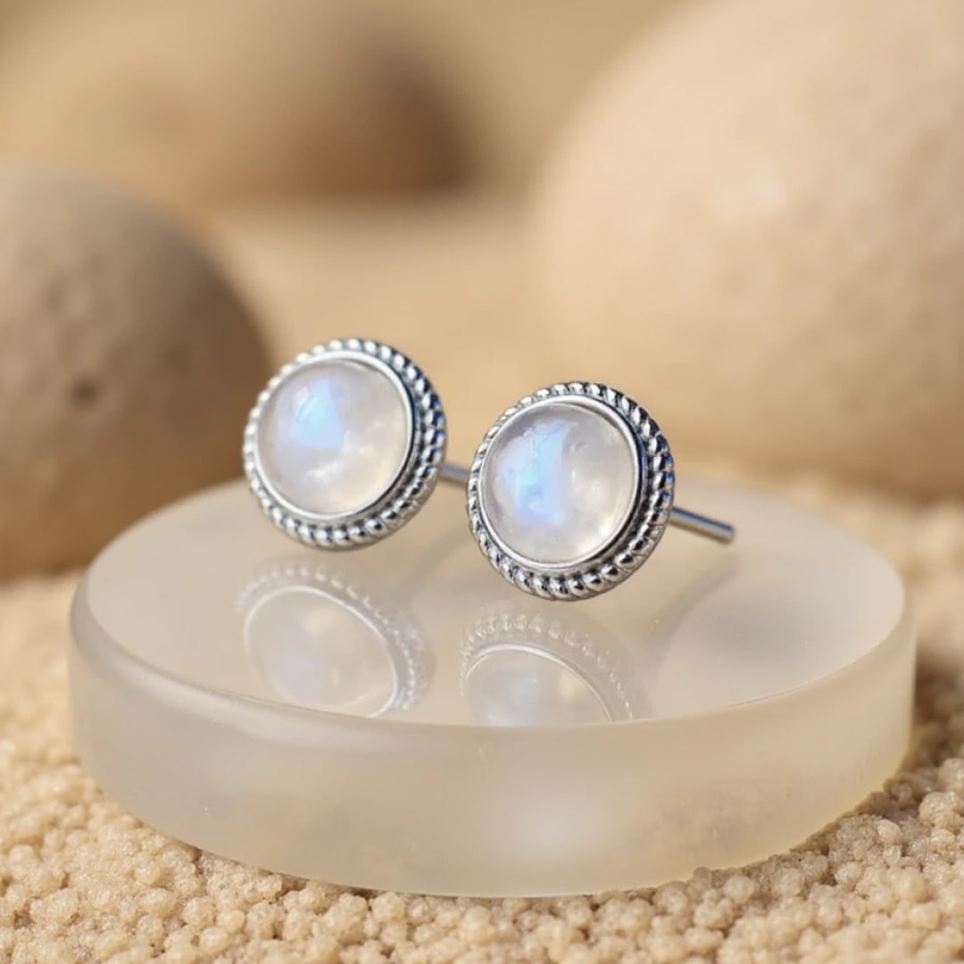 Detail of the twisted silver setting on White Labradorite Button Earrings - KARMAKIND