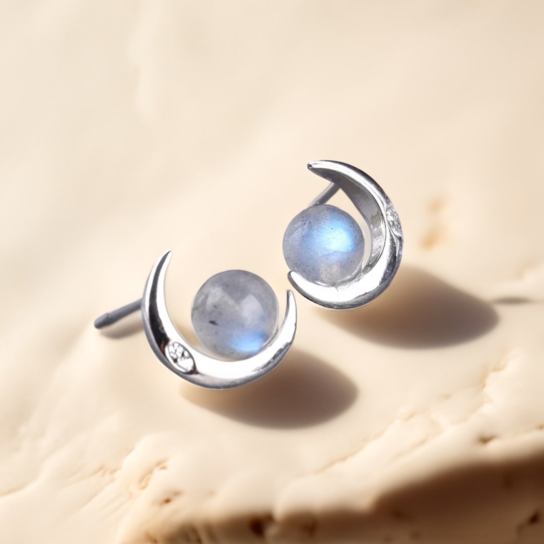 Close-up of Luna Labradorite Earrings - KARMAKIND