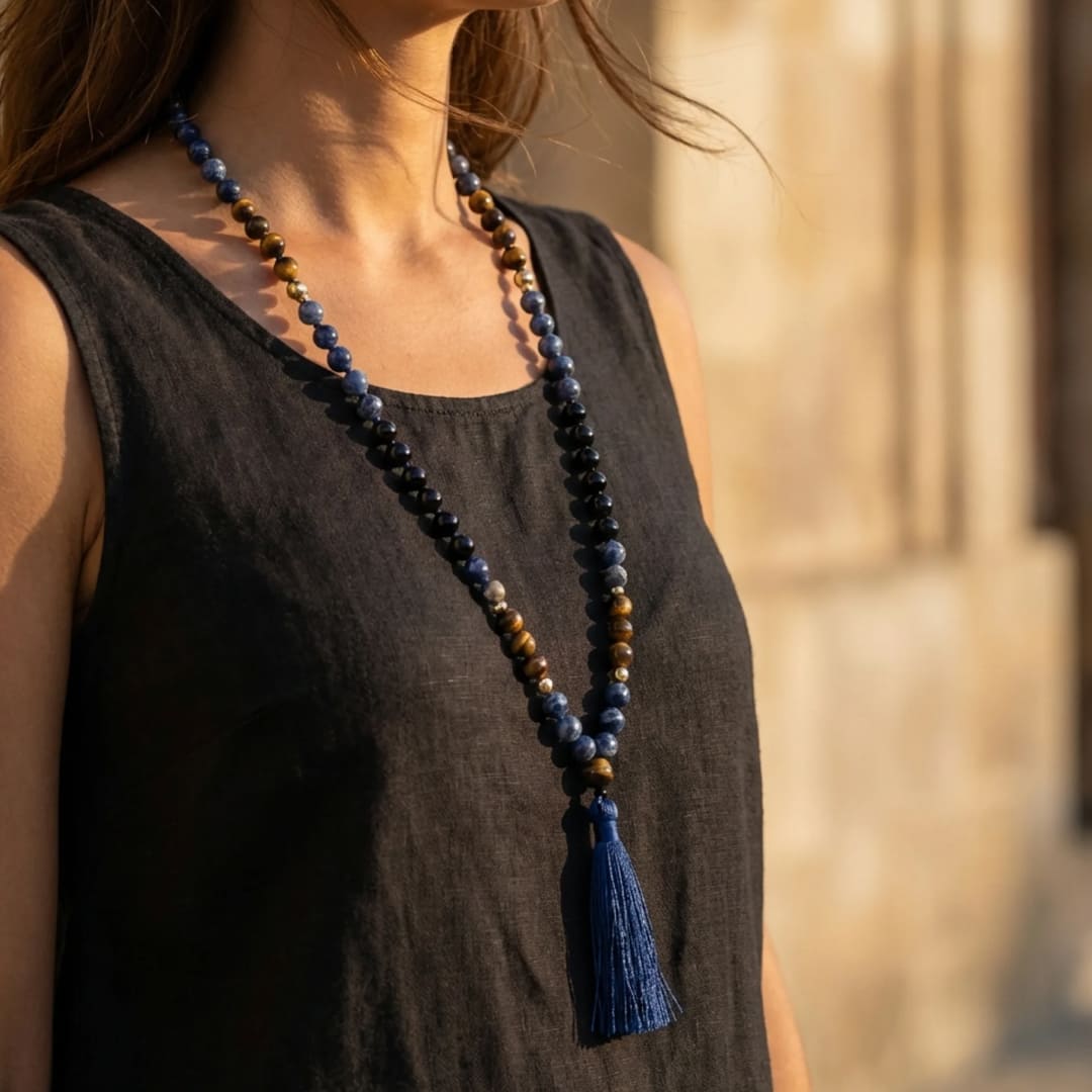 Detailansicht der Edelsteine der Mala-Kette - KARMAKIND