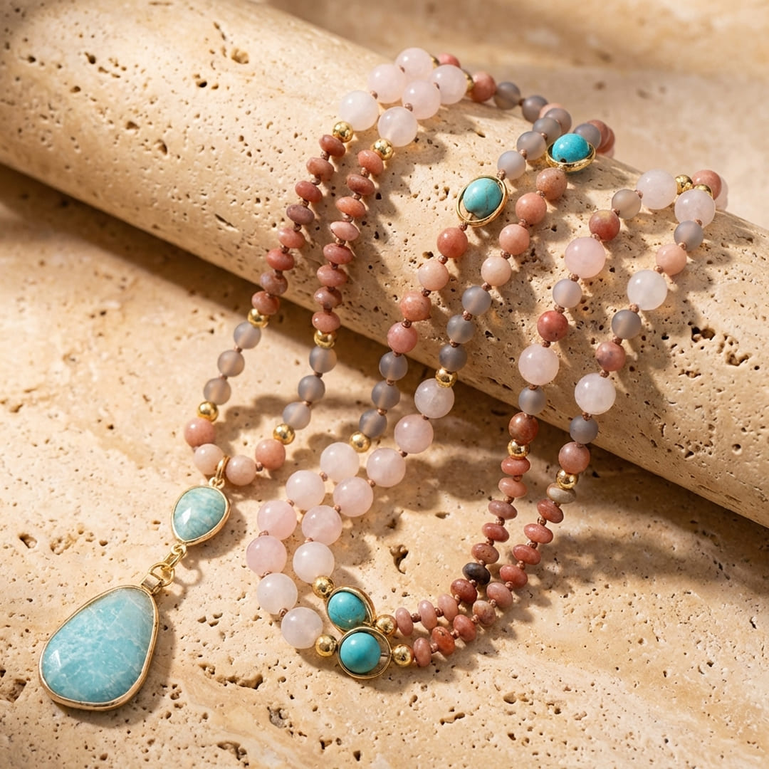 Ethnic Mala Necklace with Turquoise, Amazonite, Rose Quartz & Rhodonite - KARMAKIND