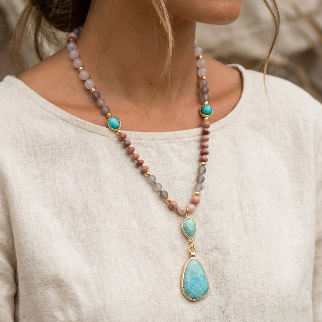 Close-up of the Turquoise and Amazonite stones on the Mala necklace - KARMAKIND