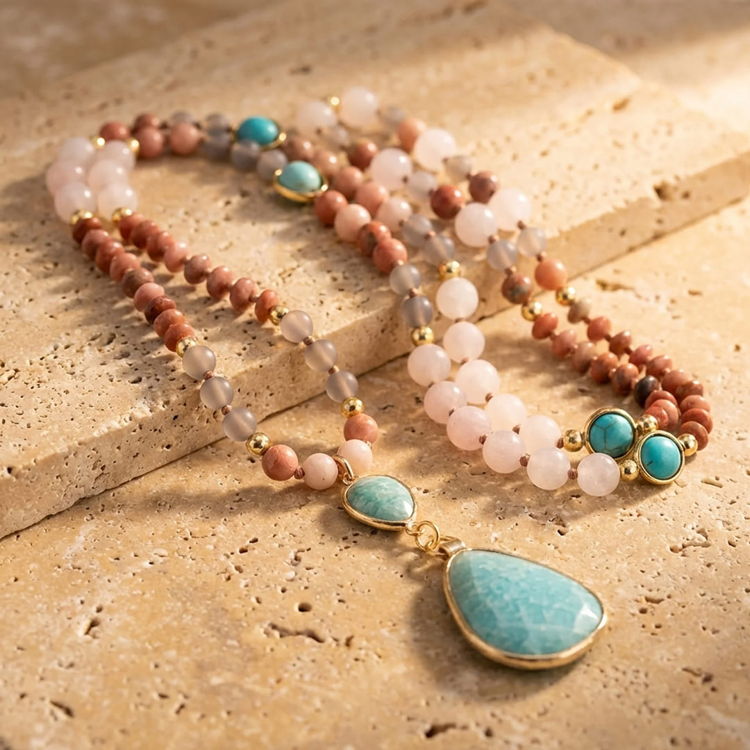The beautiful color blend of the Mala necklace stones - KARMAKIND