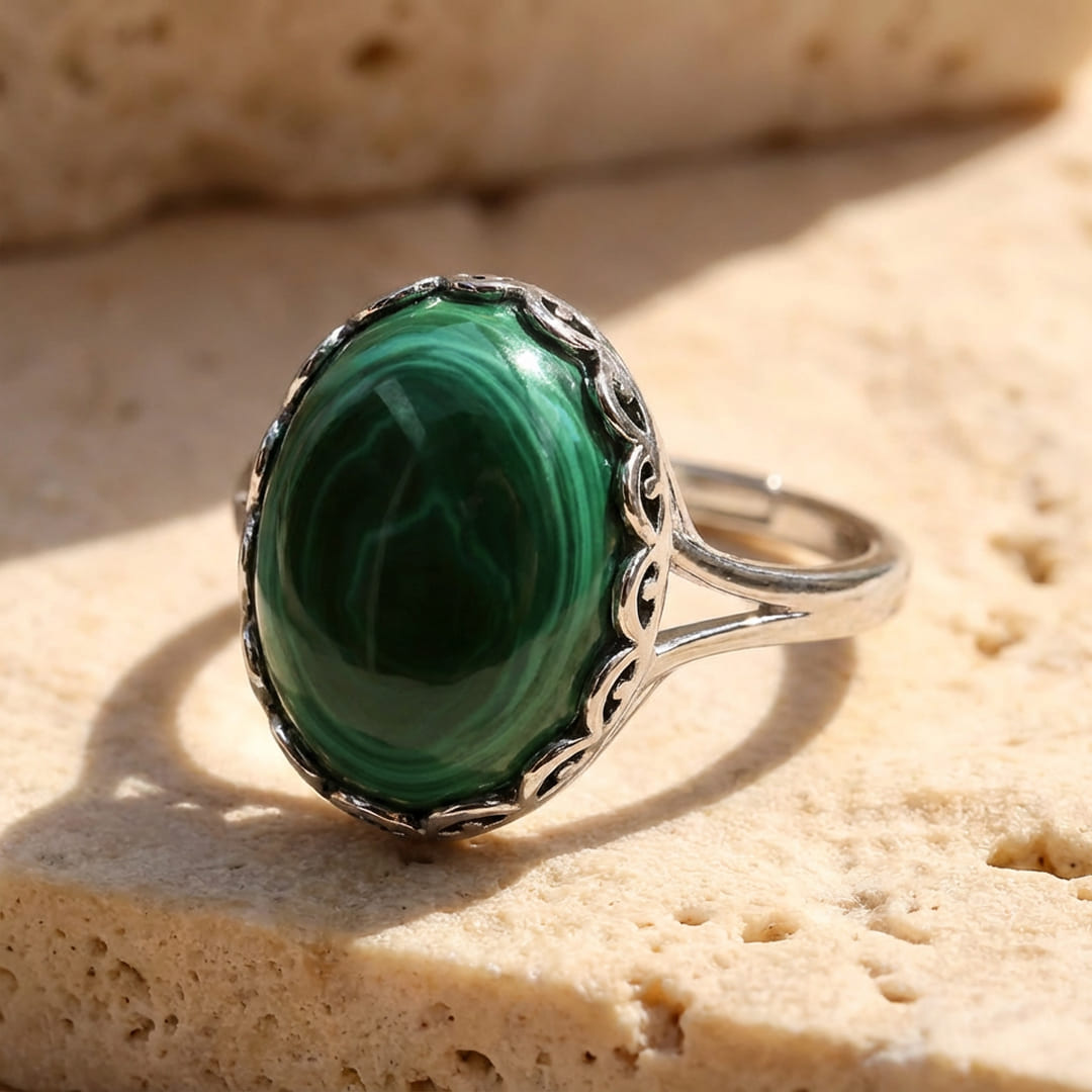 Adjustable malachite ring with deep green swirling patterns - KARMAKIND