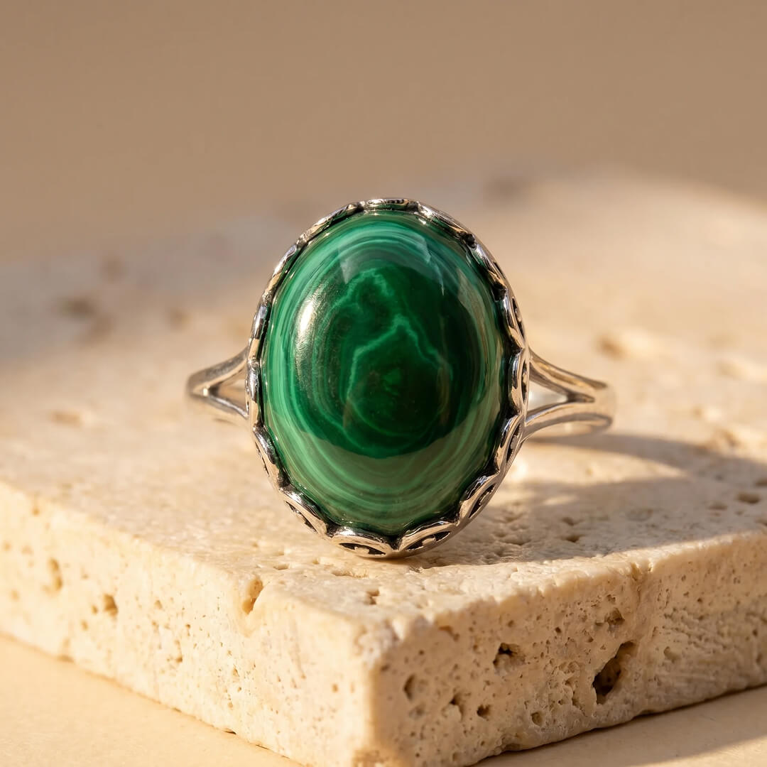 The malachite ring being worn on a finger, showcasing its design - KARMAKIND