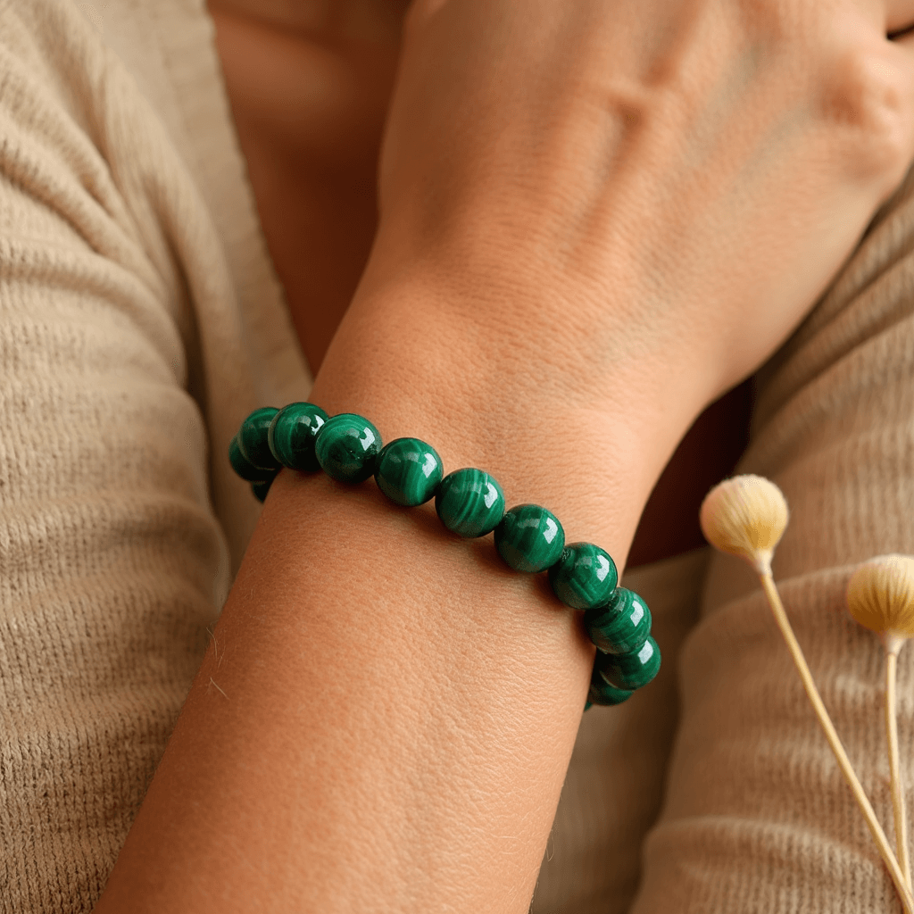 Close-up of a single malachite bead with natural patterns - KARMAKIND