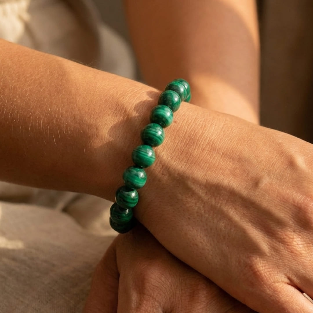 Malachite Renewal Bracelet styled with casual wear - KARMAKIND