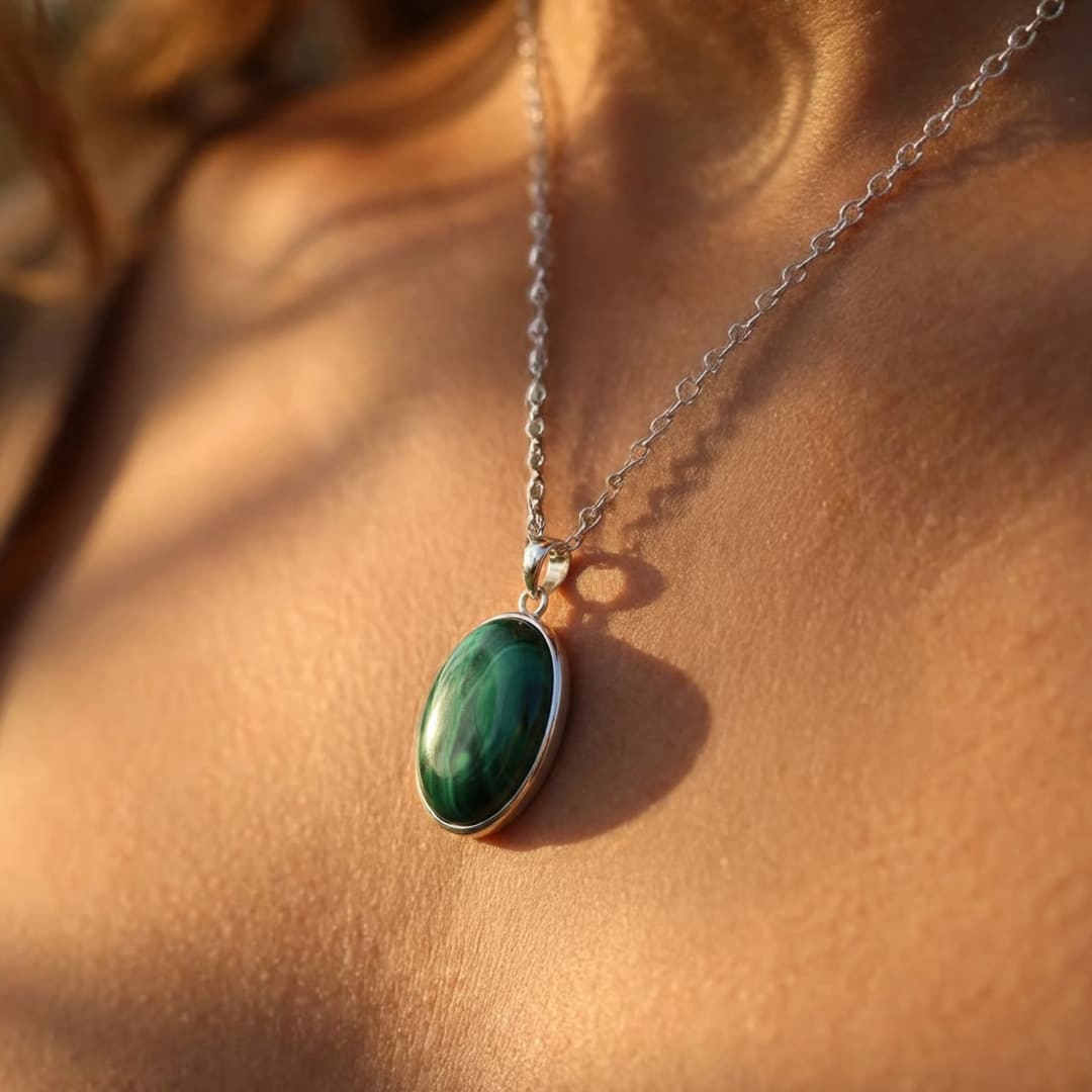 Malachite pendant showcasing its green waves - KARMAKIND