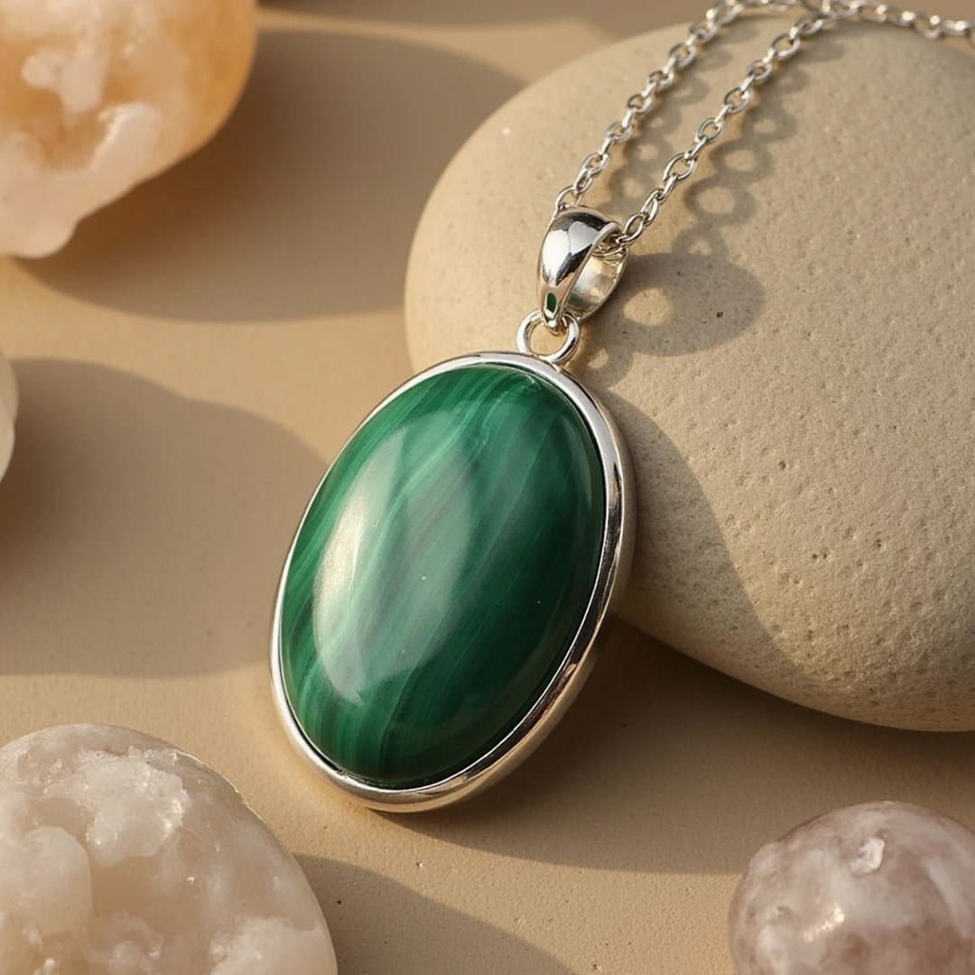 Close-up of the polished oval malachite pendant - KARMAKIND