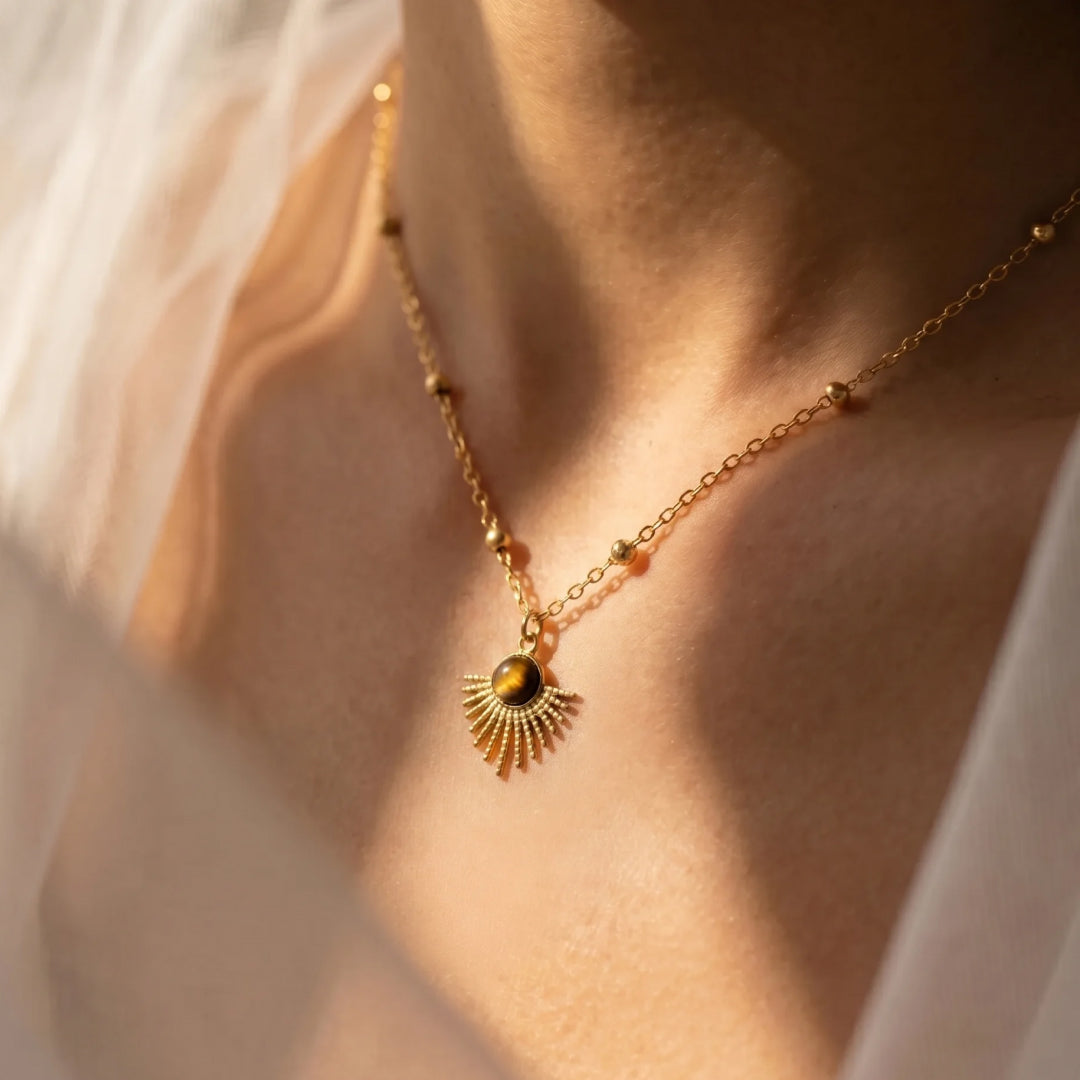 Model wearing the Maya Sun Tiger's Eye Pendant - KARMAKIND