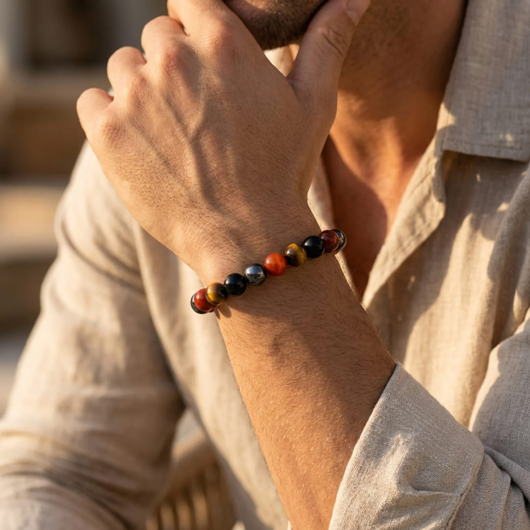Close-up of the mixed gemstones on the men's bracelet - KARMAKIND