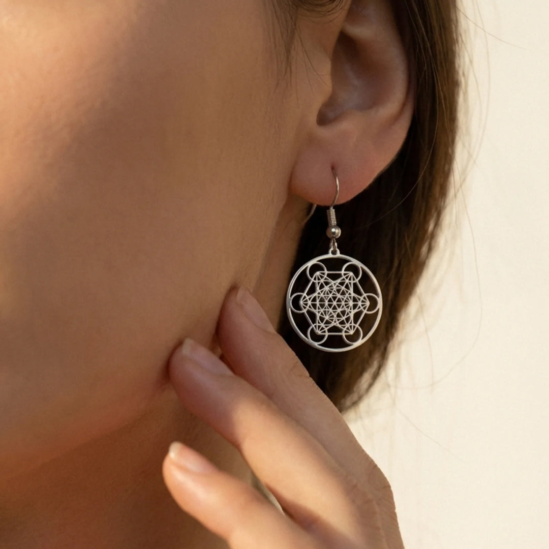 Metatron Earrings worn on ear - KARMAKIND