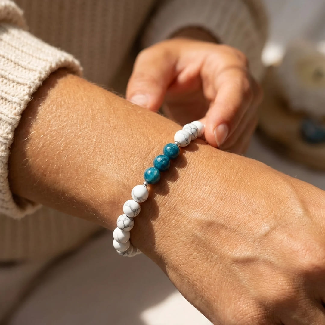 Close-up of the blue apatite and white howlite beads on the bracelet - KARMAKIND