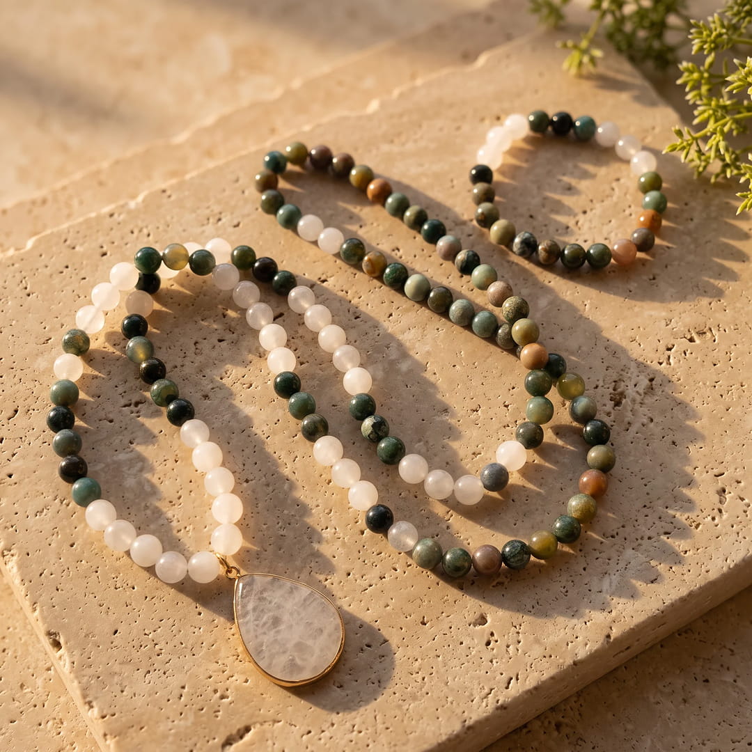 Luminous white quartz beads on the mala necklace - KARMAKIND