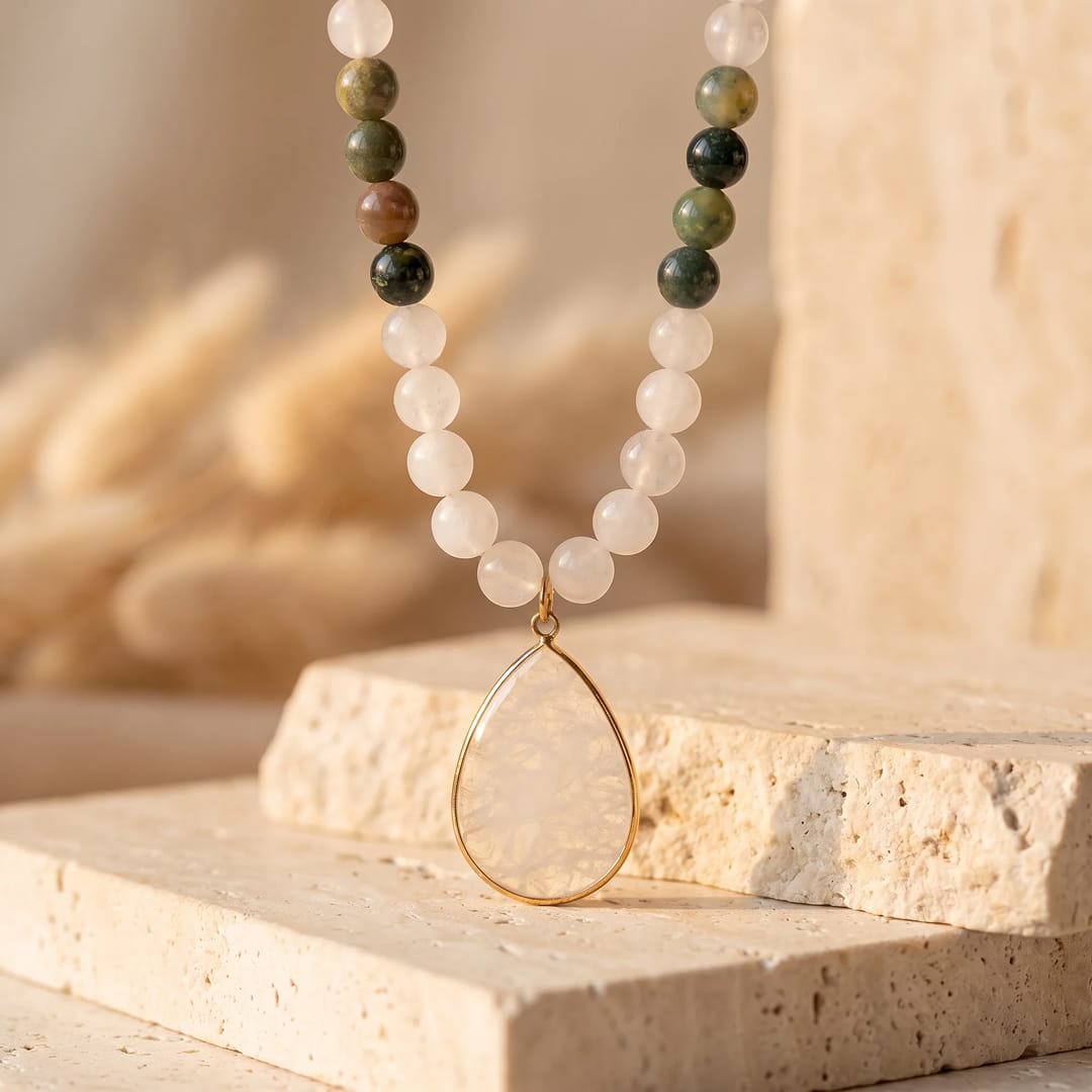 Lifestyle shot of the Path of Light mala necklace - KARMAKIND