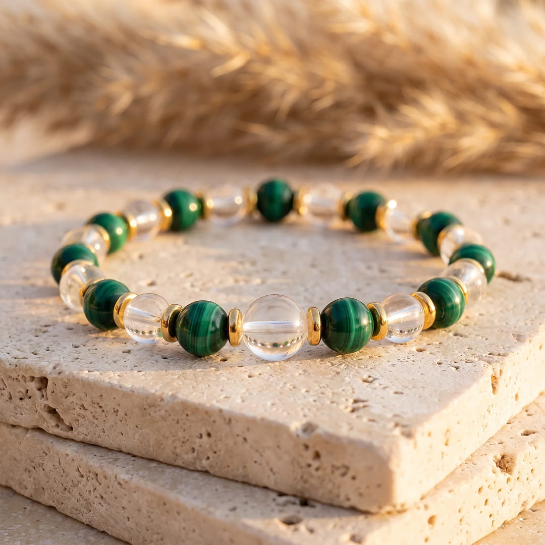 New Beginning Bracelet in Malachite & Rock Crystal - KARMAKIND